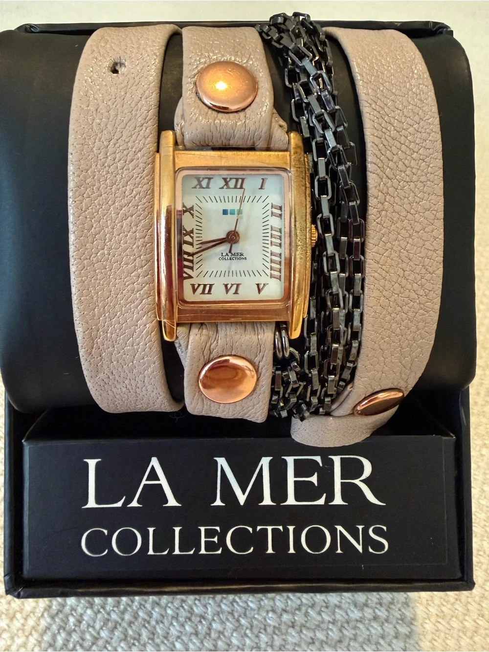La Mer Beige Leather Wrap Bracelet Watch with Rose Gold Accents and Black Chain